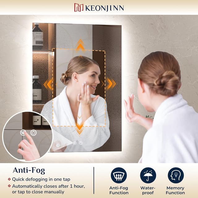 Detalle 2 de Keonjinn Badspiegel mit Beleuchtung Rechteckig 50x70 cm – LED mit Antibeschlag, 3 Lichtfarben & Dimmung