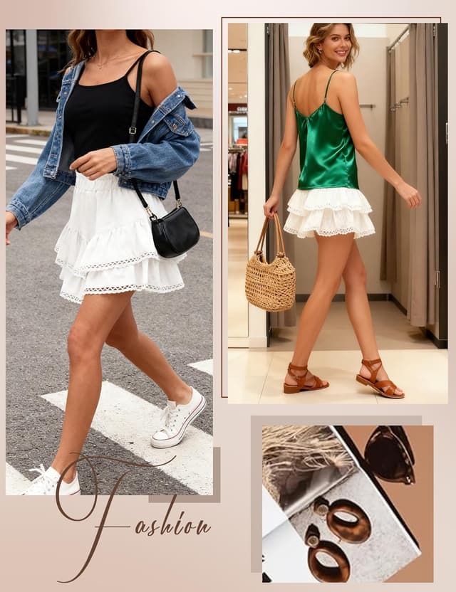 Detalle de LOMON Flowy Skorts for Women Ruffle Tiered High Waist Crochet Skirt-Shorts