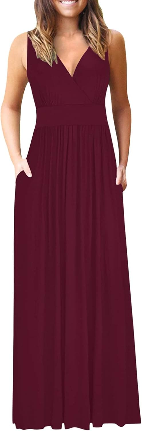 Detalle de AUSELILY Sommerkleid Damen Lang ärmellos Wickelkleid mit V-Ausschnitt und Taschen
