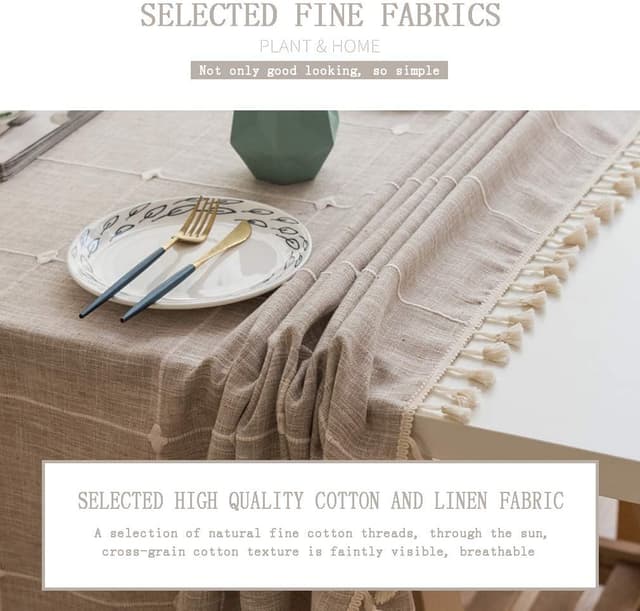 Detalle de Pahajim Tischdecke rechteckig aus Baumwolle-Leinen, abwaschbar mit Quasten – Beige Gitter, 140 x 300 cm