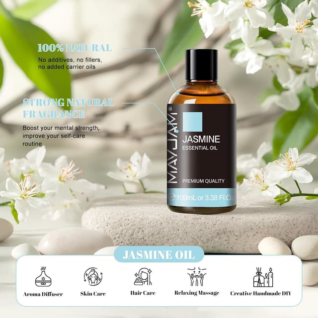 Detalle 2 de Huile essentielle de jasmin MAYJAM 100 % pure – flacon ambré avec compte-gouttes (100 ml)