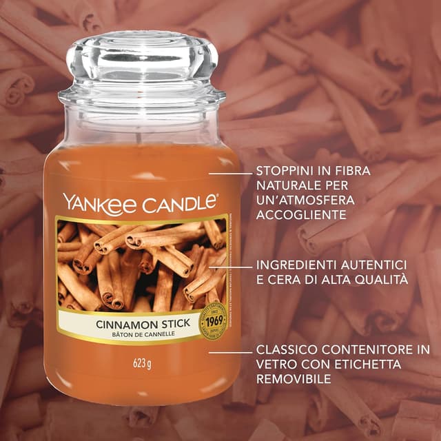 Detalle de Yankee Candle Candela profumata in giara grande alla cannella (bastoncino di cannella) con durata fino a 150 ore