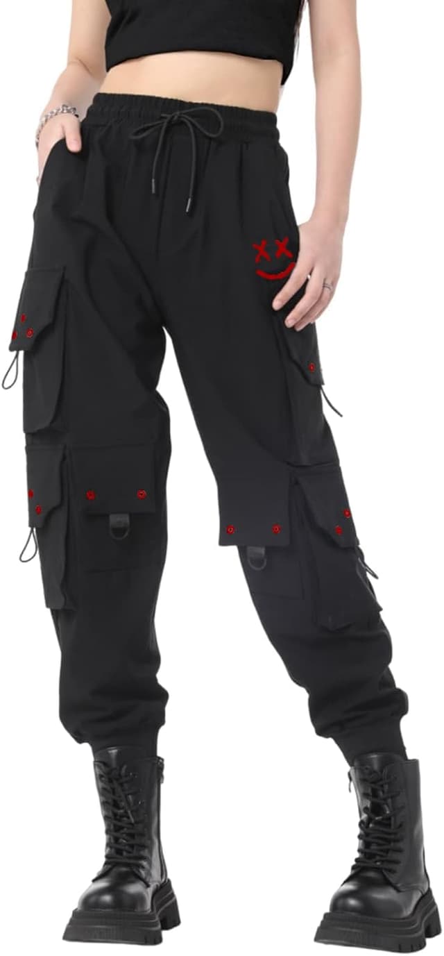 Detalle de CLOAKA Cargohose Damen Jogginghose High Waist im Gothic-/Techwear-Look mit Stretch & Gummizug