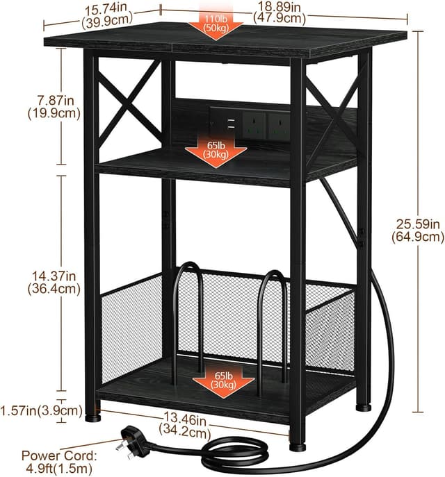 Thumbnail 6 de AMHANCIBLE HETCD012BK-1 Record Player Stand with Charging Station (3-tier bedside table)