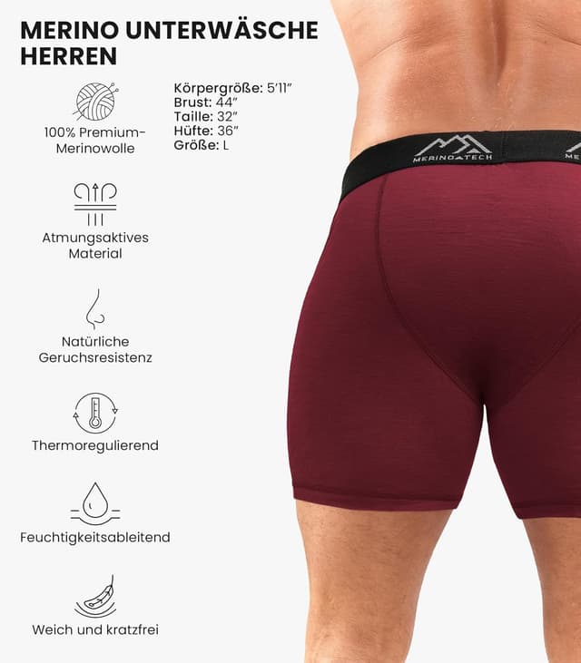 Detalle de Merino.tech Herren-Boxershorts aus 100% Merinowolle – atmungsaktiv, geruchsarm & feuchtigkeitsableitend