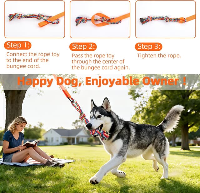 Detalle de Tivray Outdoor Bungee Tug Toy with 3 Dog Chew Ropes (Tree Hanging Bungee Tugger) – Orange/Black