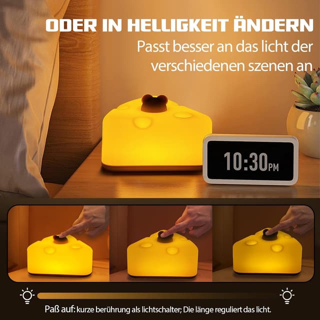 Detalle de beek Nachtlicht Baby Stilllicht – nachttischlampe mit Käse-und-Maus-Design, USB-aufladbar, Touch & dimmbar