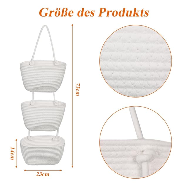 Detalle de 3-stufiger Über-Tür Wandspeicherkorb aus gewebtem Baumwollseil (Weiß) – dreifach nutzbar zum Aufhängen