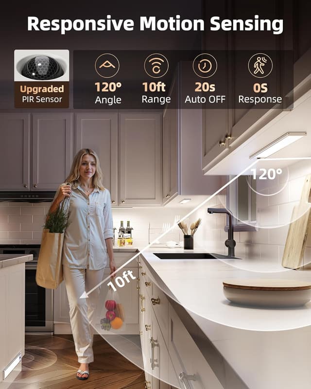 Detalle de EZVALO 4-Pack Rechargeable Motion Sensor Under Cabinet Lights (2400mAh, 3 Color Temps, Dimmable)