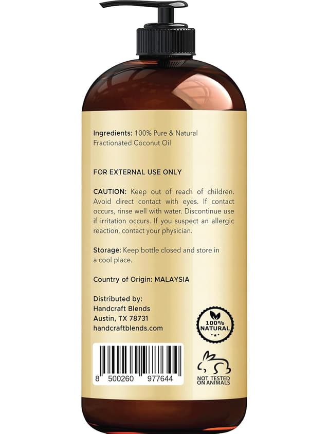 Detalle de Handcraft Blends Fractionated Coconut Oil (16 fl oz) — 100% Pure & Natural Carrier Oil for Skin, Hair & Massage
