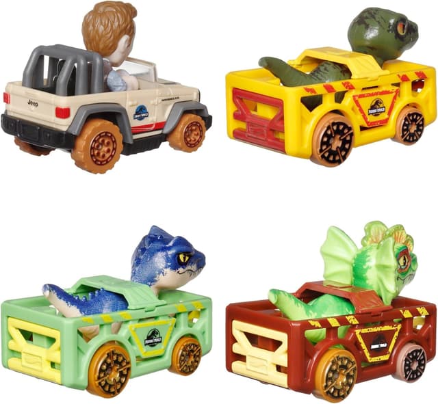 Detalle de Hot Wheels RacerVerse 4er-Pack mit Die-Cast-Fahrzeugen aus Jurassic World (Charlie, Owen, Dilophosaurus, Allosaurus) – HKD32