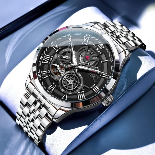 Detalle 2 de OLEVS Herren Uhr Quarz „Luxus Business“ mit Skelettdesign, Chronograph & Mondphase