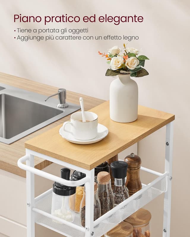 Detalle de VASAGLE Carrello a 5 ripiani LRC035W09 salvaspazio beige rovere e bianco con ruote