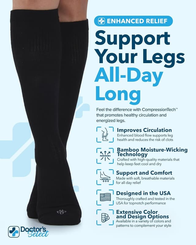 Detalle de Doctor’s Select Bamboo Viscose Light Compression Socks (8–15 mmHg) — Knee High, 3 Pairs