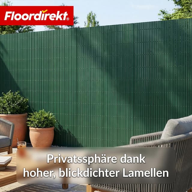 Detalle de Floordirekt PVC Sichtschutzmatte 200 x 300 cm in Grün – Windschutz mit Lamellen für Garten, Balkon & Terrasse