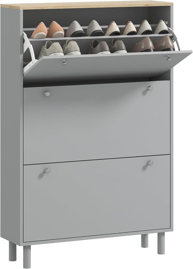 Detalle de HOMCOM Meuble à chaussures étroit 24 paires avec 3 tiroirs rabattables et étagères réglables, 80 x 23,5 x 121 cm, gris