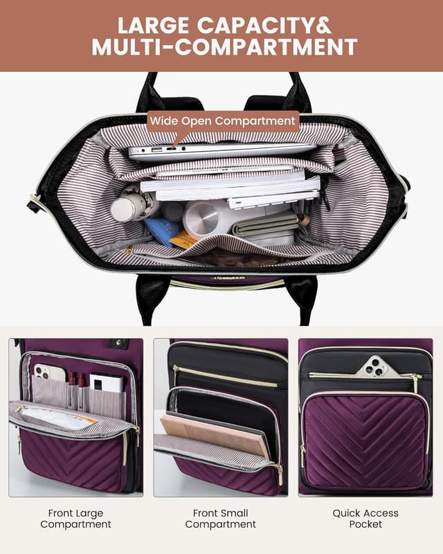 Detalle de LOVEVOOK Damen-Rucksack für Laptop bis 15,6 Zoll (wasserdicht) – City-/Reiserucksack in Violett