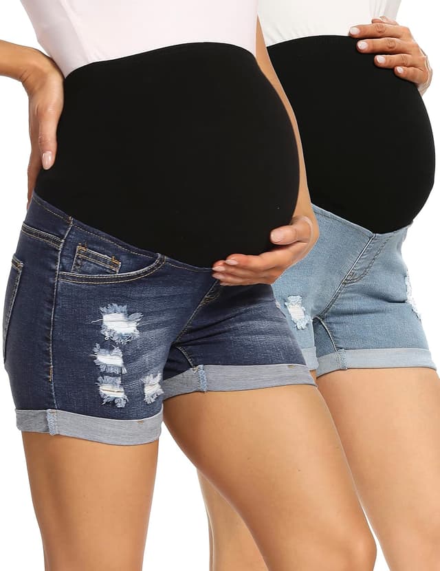 Thumbnail 6 de V VOCNI Maternity Denim Shorts with High Waist & Distressed Cuffed Hem