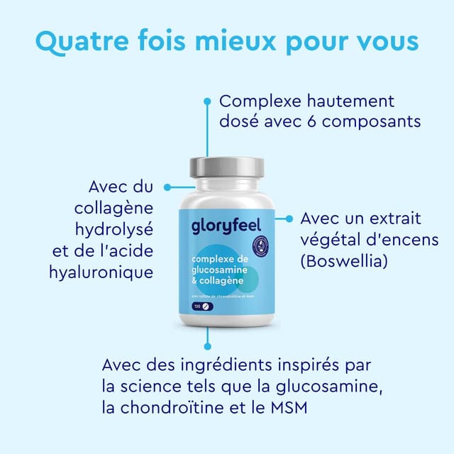 Detalle de Glucosamine Chondroïtine MSM enrichi en collagène & acide hyaluronique – 120 comprimés, formule 6 en 1