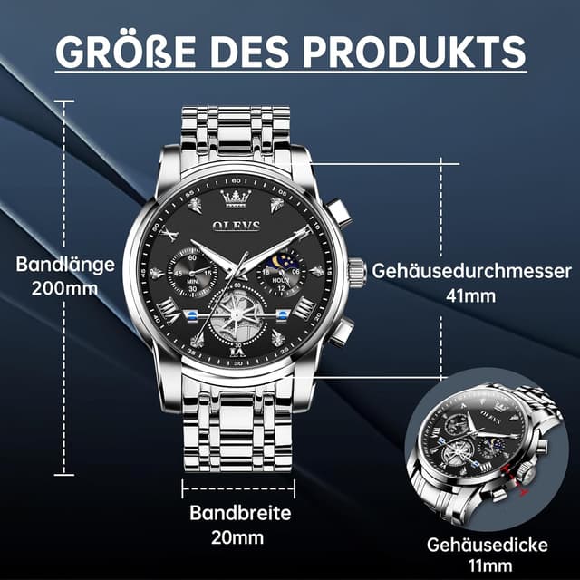 Detalle 2 de OLEVS Herren Chronograph Quarz-Uhr mit Analog-Anzeige, wasserdicht bis 30 m, leuchtenden Markierungen aus Edelstahl