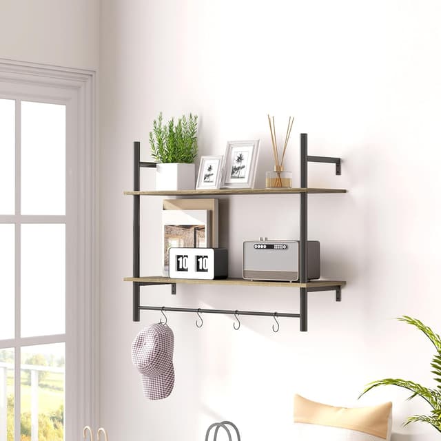 Detalle de HOMCOM Floating Shelves wall-mounted shelf with 4 hooks (80cm) in grey