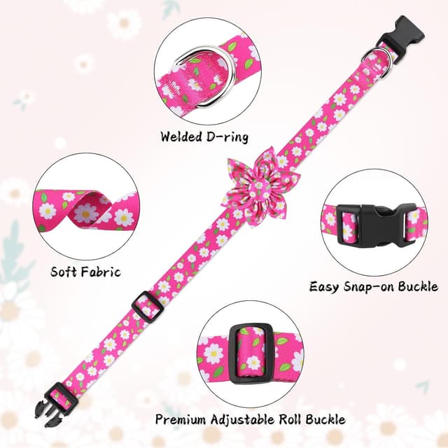 Detalle de Daisy Pink dog collar with removable flower bow (hot pink floral options) for small to large dogs