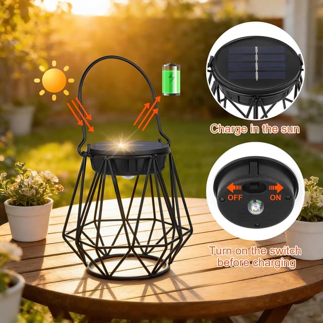 Detalle de Ketom 2 Pezzi lanterne solari da esterno in metallo IP65, luce bianco caldo – design sospeso con gabbia