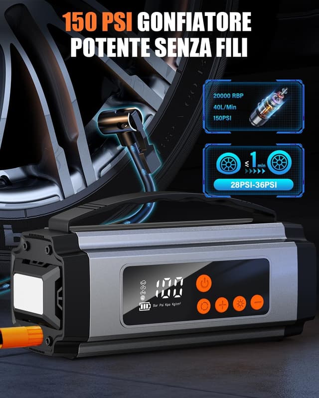 Detalle de Onherm 7-in-1 Booster Avviatore auto con compressore 150 PSI, 2000A e torcia, per batterie 12V benzina e diesel