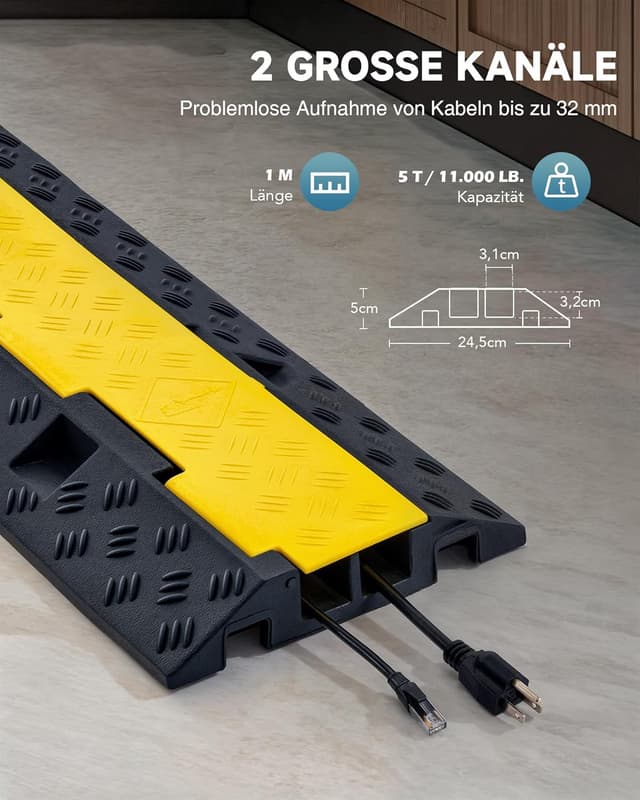 Detalle de CREWORKS Boden-Kabelbrücke (2-Kanal) im 5er-Set – 100 x 24,5 x 5 cm, Überfahrschutz für Kabel