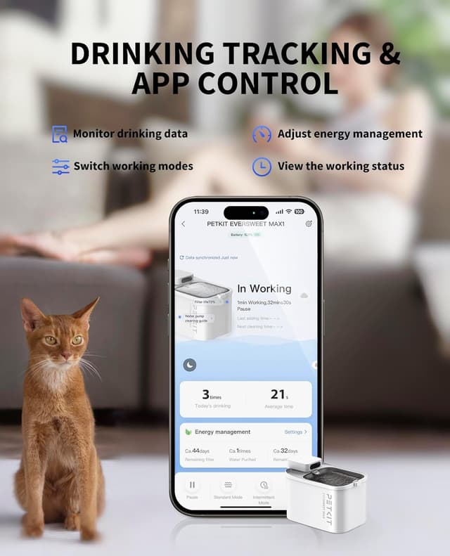 Detalle 2 de PETKIT EVERSWEET MAX Wireless Cat Water Fountain (UVC Pump, 3L, App Control) with Rechargeable Battery