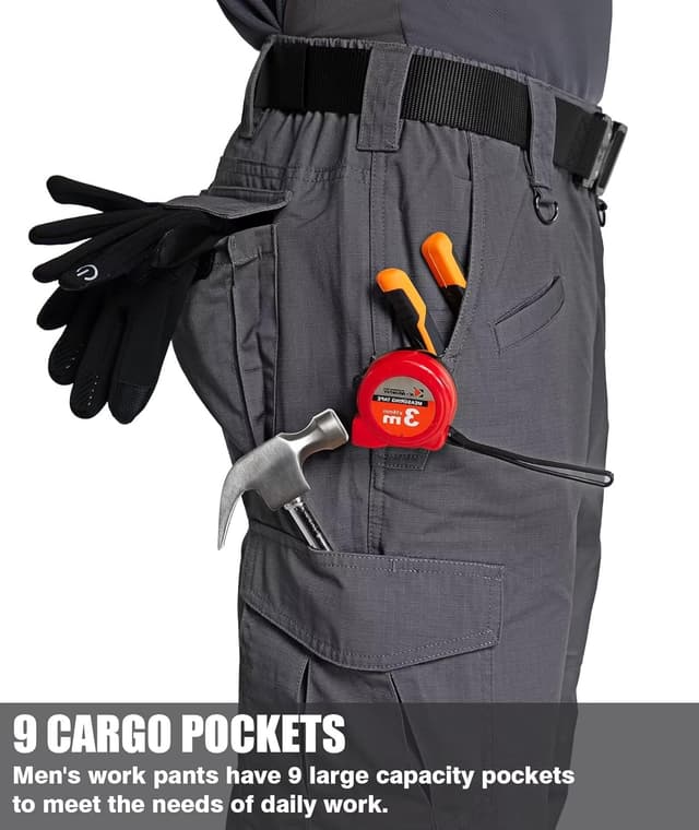 Detalle de Zoofly Men’s Ripstop Water-Resistant Cargo Pants (9 Pockets, Elastic Waist) — Not Belt