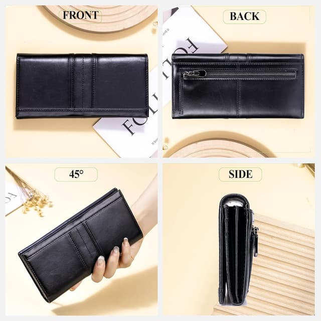 Detalle de SCHLATUM Slim Wallets for Women RFID Blocking leather bifold with coin pocket & ID window, Black