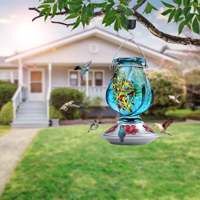 Detalle de BOLITE Hummingbird Feeder (Hand-Blown Glass) with Ant Moat and 5 Feeding Ports, 22 oz