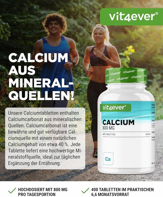 Detalle de vit4ever Calcium 400 Tabletten mit 800 mg elementarem Calcium (Calciumcarbonat) pro Tagesportion – vegan