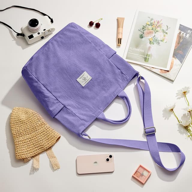 Detalle de KALIDI Corduroy Hobo Bag large capacity tote with zip & crossbody strap