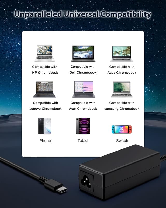 Thumbnail 3 de 65W USB-C Chromebook Charger (USB-C PD 3.0) for Acer, HP, Lenovo, Dell, Asus & more