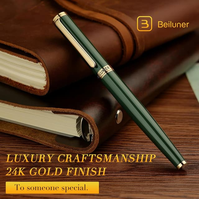 Detalle de BEILUNER Luxury Fountain Pen in Racing Green with 24K Gold Accents and Fine Nib