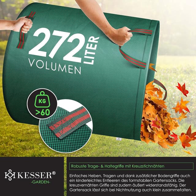 Detalle de KESSER® Gartensack 3x 272L Set Laubsack inkl. Handschuhe – selbststehend, robust & faltbar