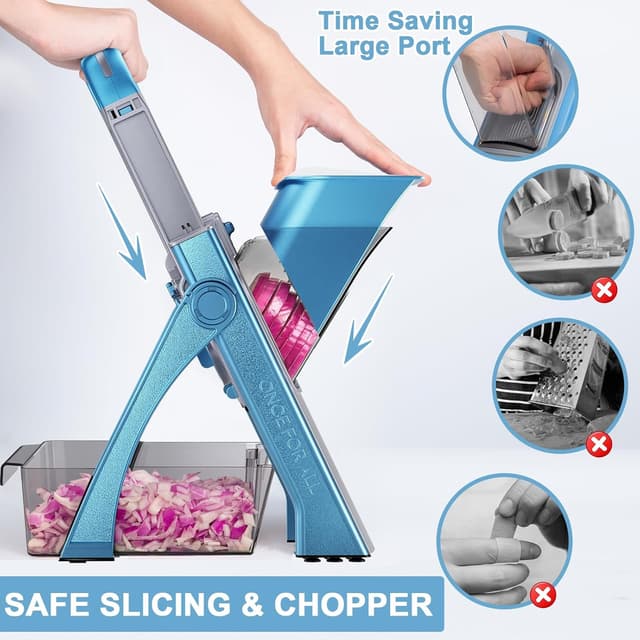 Detalle de SupMaKin Upgrade Safe Mandoline Slicer Plus (Blue) — Adjustable Vegetable Slicer & Chopper