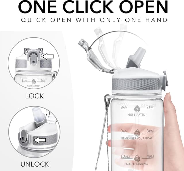 Detalle de Hyeta 32oz Motivational Water Bottle with Straw and Time Markings (Leak-proof)