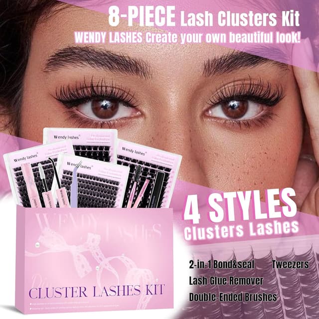 Detalle 2 de Wimpern-Extensions-Set 8-teilig mit D-Curl Lash-Clustern (10–18 mm) inkl. Bond & Seal, Kleberentferner, Pinzette & Bürste