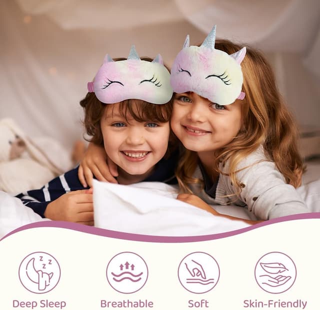 Detalle 2 de ACWOO Maschera per dormire unicorno 3D in peluche, copricapo eyeshade morbida e traspirante per bambini e adulti