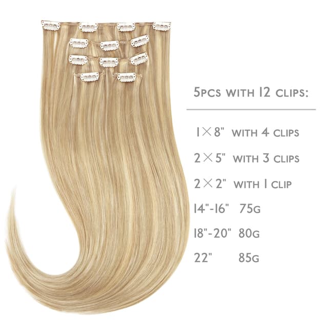 Detalle 2 de WENNALIFE Clip-in Echthaar Extensions 75 g (5 Stück) in Hellblond Highlights/Goldblond