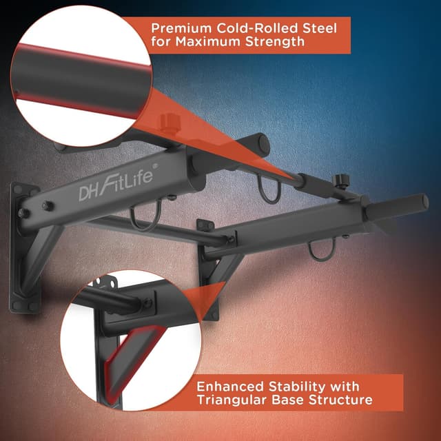 Detalle de DH FitLife 4-in-1 Wall-Mounted Pull Up Bar (Chin-Up Bar, 3 Hooks & Expansion Anchors) – Up to 200 kg