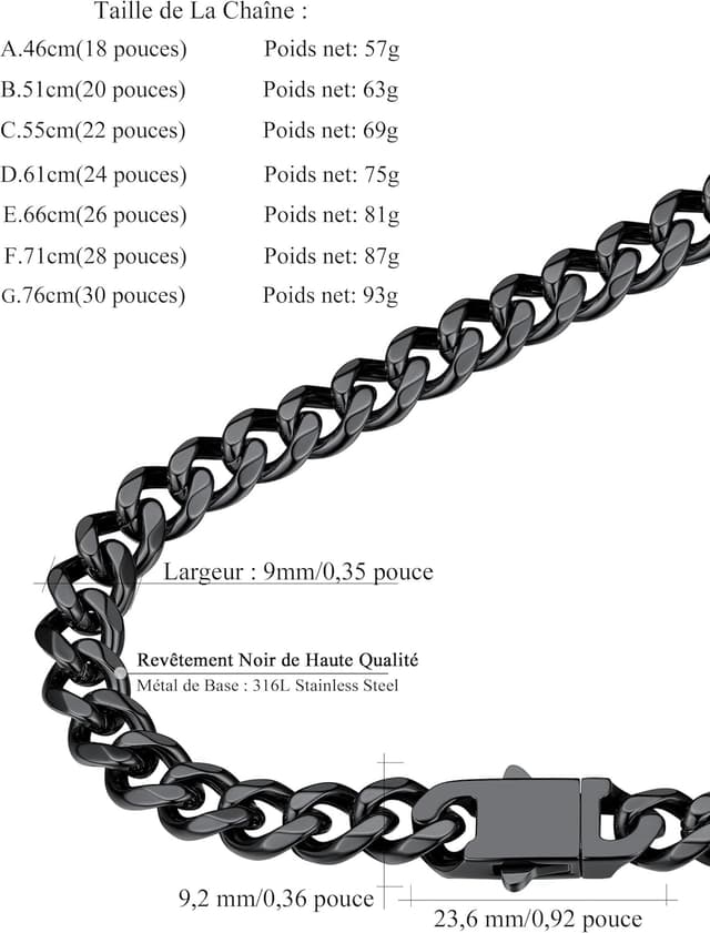 Thumbnail 6 de Collier chaîne homme FindChic en acier inoxydable 316L maille gourmette cubaine (largeur 6/9 mm, longueur 46 à 76 cm)