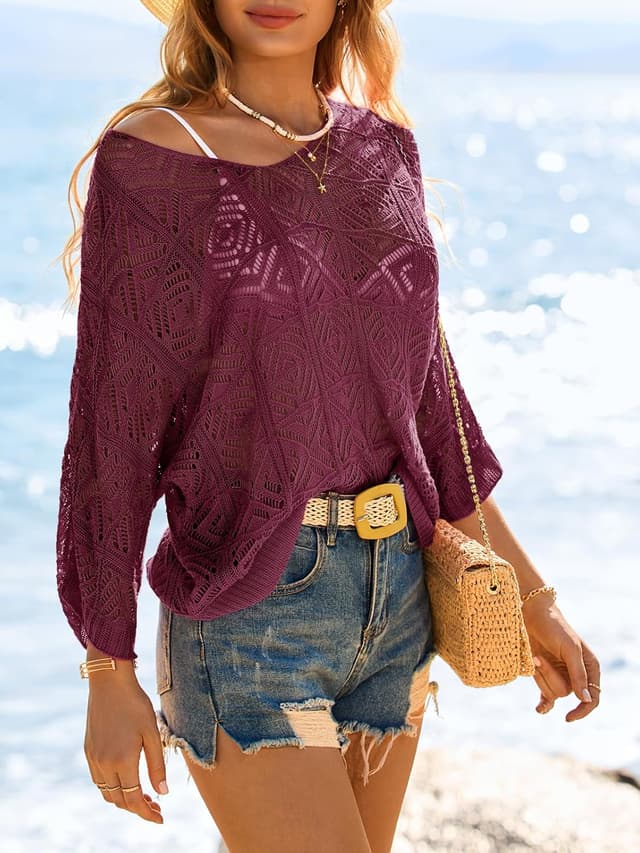 Detalle 2 de Saodimallsu Women’s Crochet Cover Up Top (Mesh, Off-Shoulder) — Summer 3/4 Sleeve Boho Swimsuit Coverup