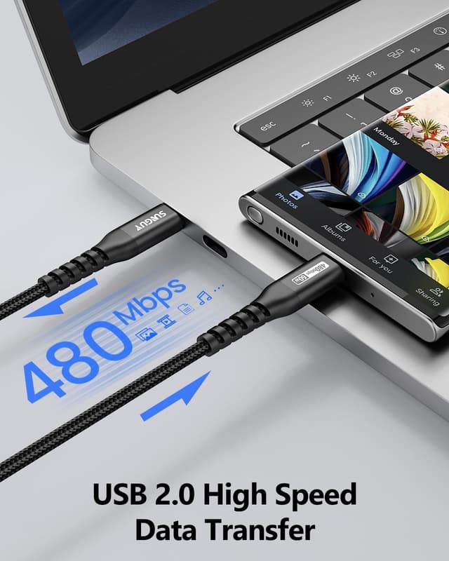 Detalle de SUNGUY USB-C Kabel (2er-Set, 30 cm) USB-C auf USB-C mit bis zu 60 W Schnellladen und Datenübertragung bis 480 Mbit/s