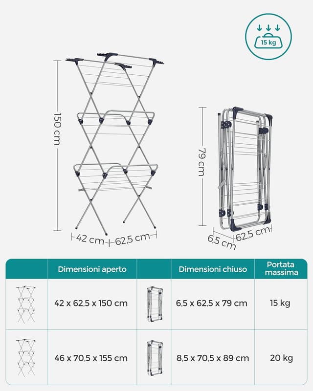 Detalle de SONGMICS Stendibiancheria verticale a torre pieghevole LLR715G01, struttura in acciaio, 42 x 62,5 x 150 cm