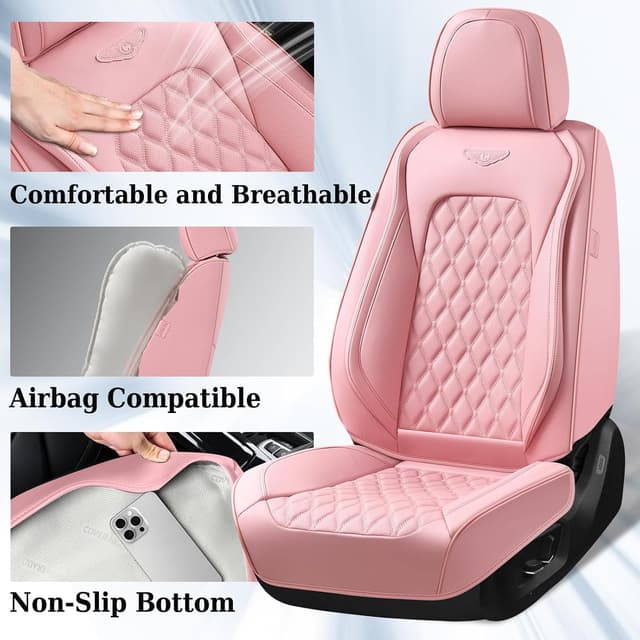 Detalle de Coverado Front Seat Covers in Pink — Luxury Faux Leather, Breathable & Waterproof Universal Protectors