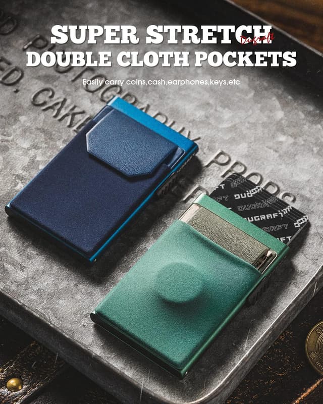 Detalle de DUGRAFT Men’s Pop-Up Credit Card Holder Wallet (Midnight Green) – Slim RFID Blocking Aluminium Card Wallet with Coin Pocket